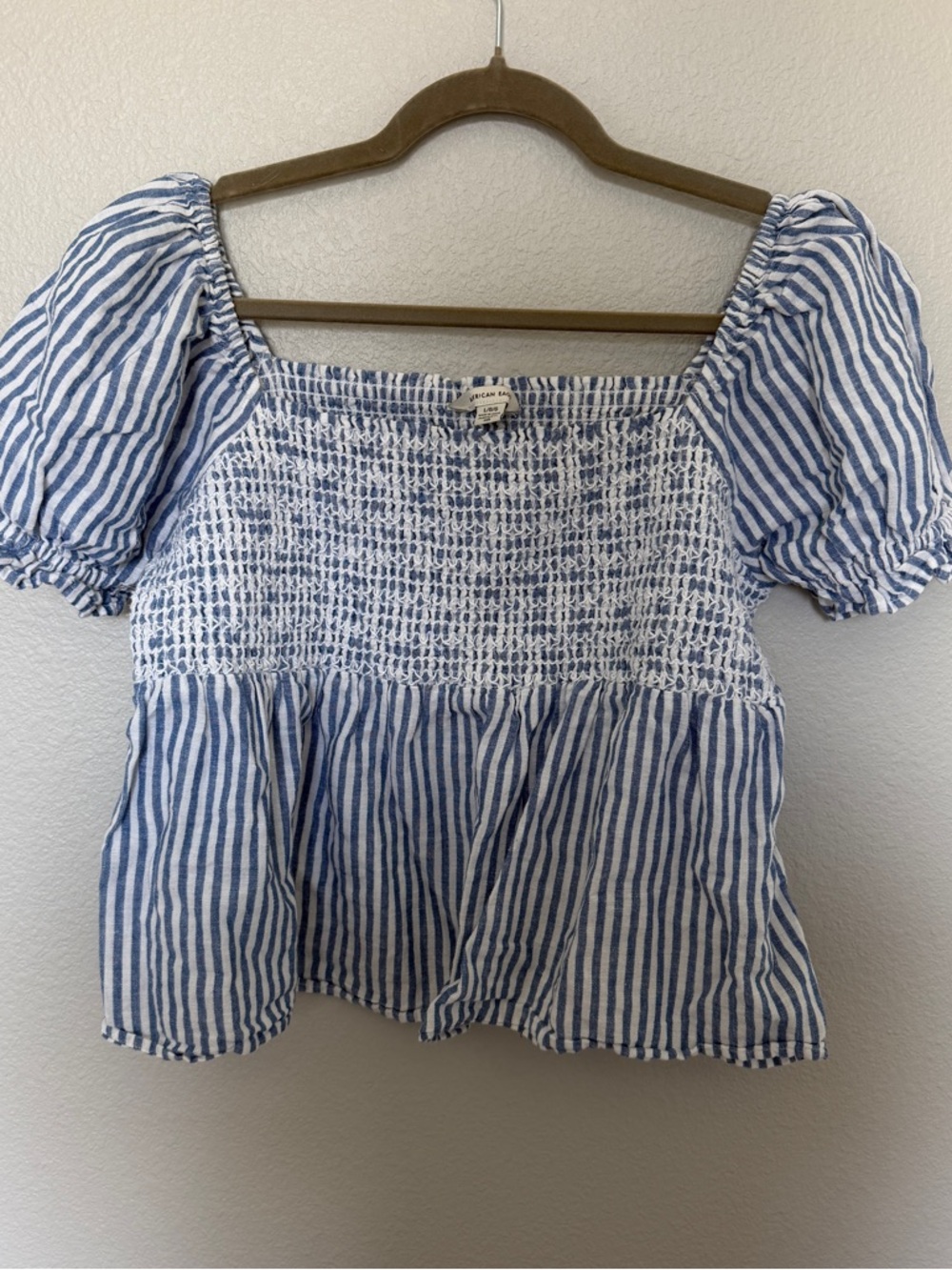 American Eagle Outfitters Blue and White Striped Smocked Peplum Top